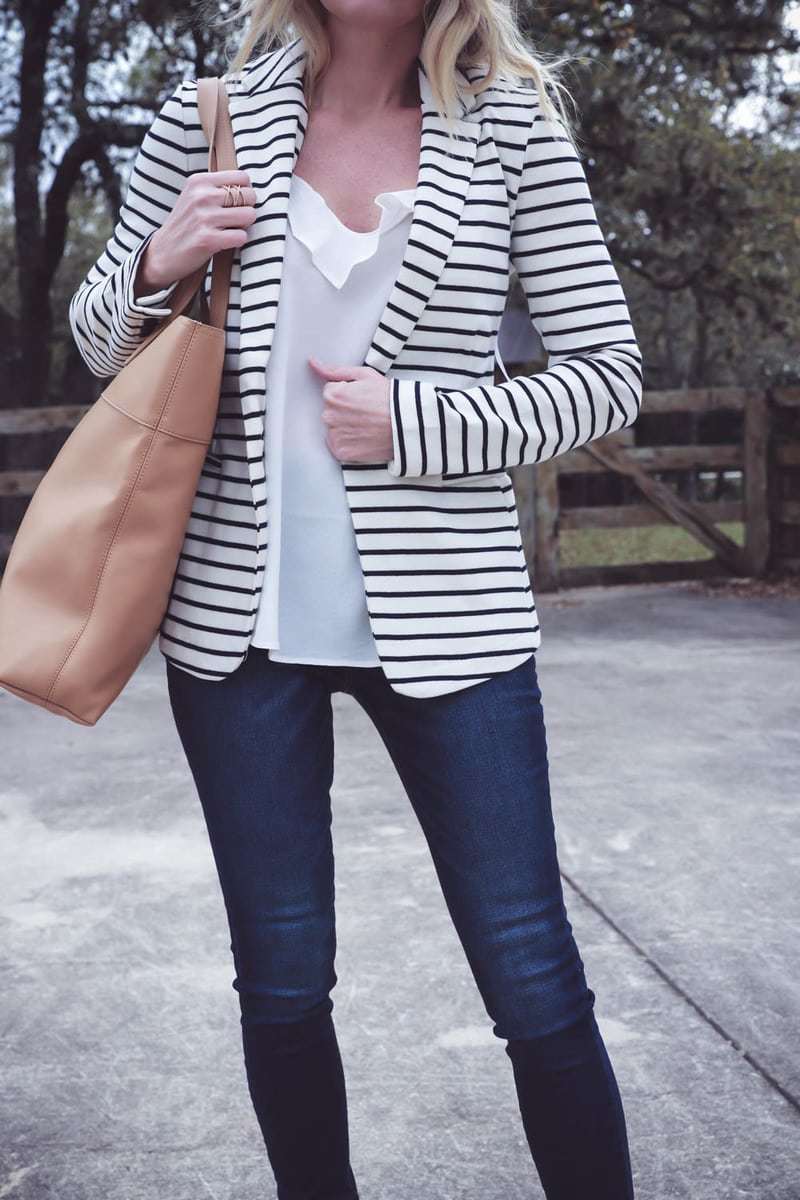 spring outfit ideas and mini capsule wardrobe, easy and affordable spring clothing, skinny jeans, sandals, scarves, blazer, striped top and tote bag