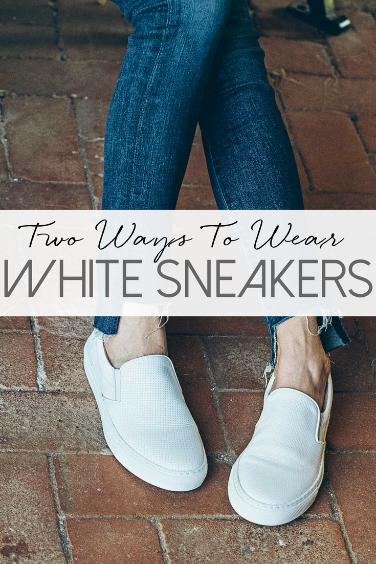 white sneakers, 2 ways to wear them, 2 outfit ideas for your white sneakers. These are by a new, popular sneaker line called Greats