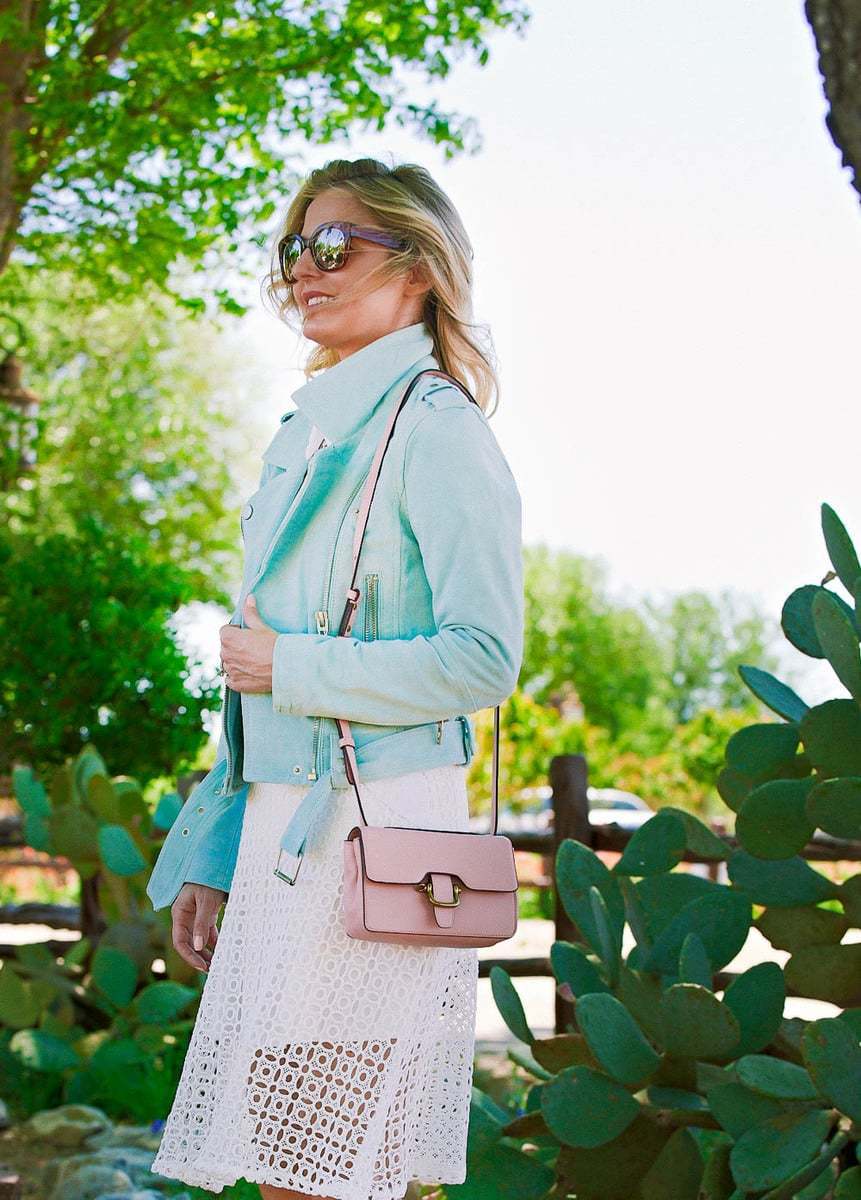 3 ways to wear a moto jacket, featuring this gorgeous mint green suede jacket by Blank nyc from nordstrom on Erin Busbee, Fashion blogger and youtuber in Fredericksburg, texas at Wildseed farms