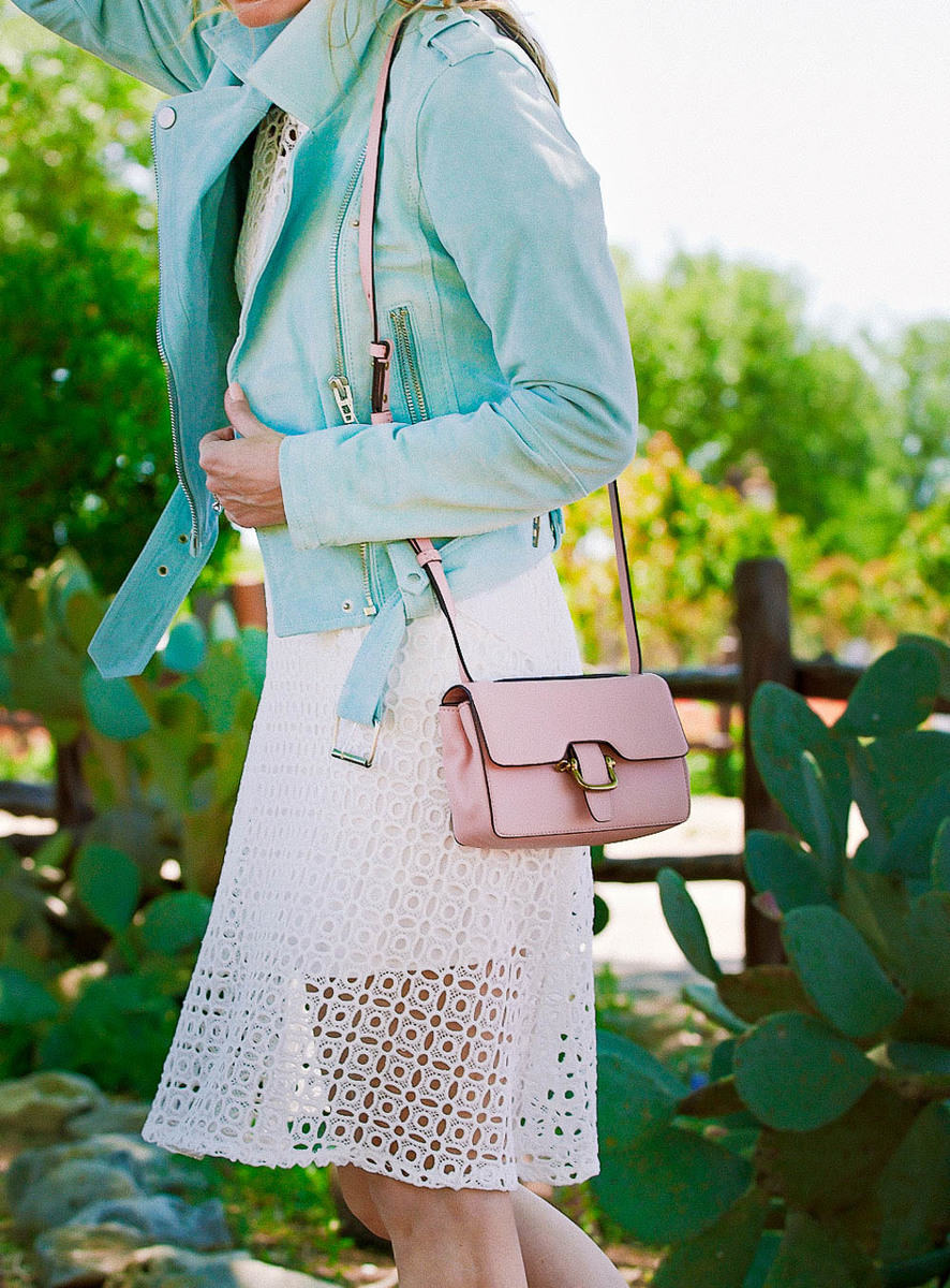 3 ways to wear a moto jacket, featuring this gorgeous mint green suede jacket by Blank nyc from nordstrom on Erin Busbee, Fashion blogger and youtuber in Fredericksburg, texas at Wildseed farms