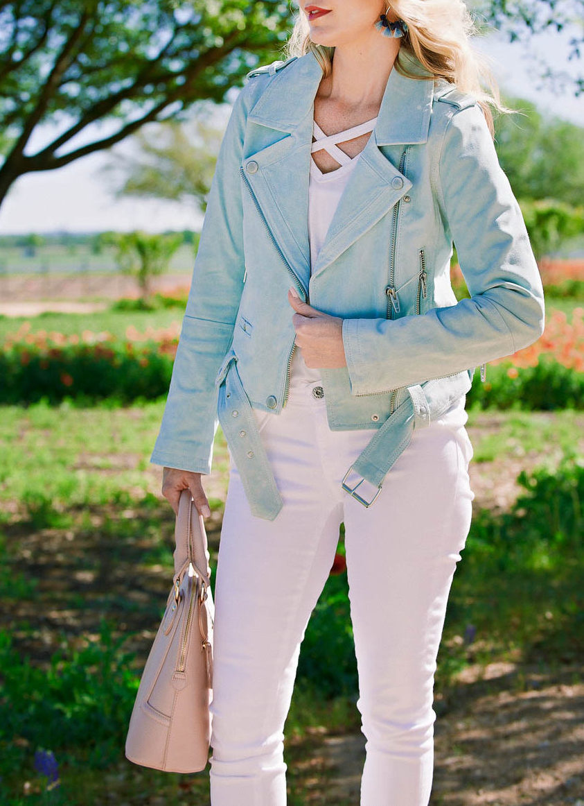 3 ways to wear a moto jacket. This moto jacket in mint green by Blank NYC comes in 8 colors. I paired it with white jeans by AG and a white cross front tee by Socialite 