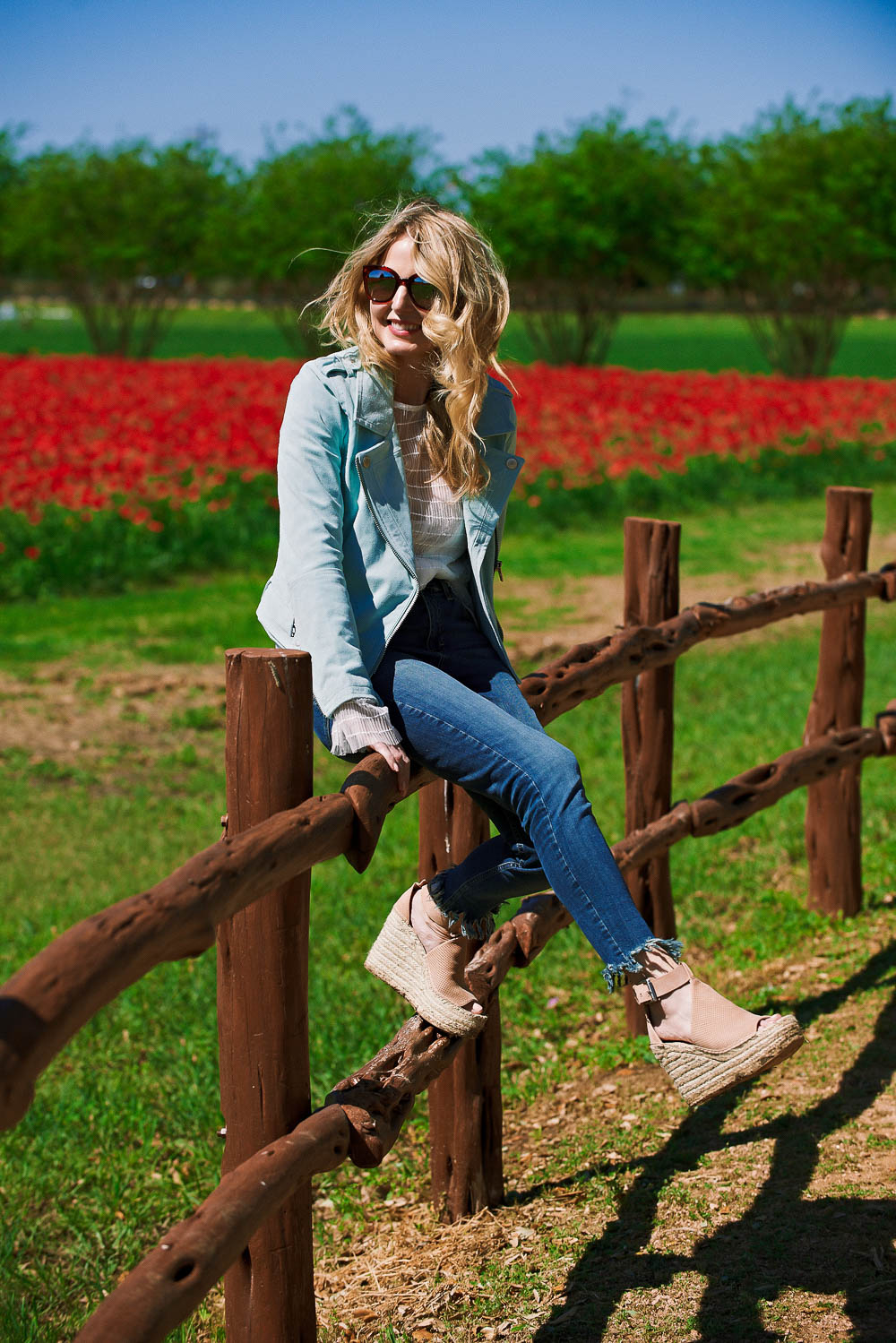 3 ways to wear moto jacket featuring Blank NYC mint green suede moto jacket paired with sheer white toyshop top and cropped vintage citizens of humanity jeans and marc fisher wedges at wildseed farms in fredericksberg, texas 