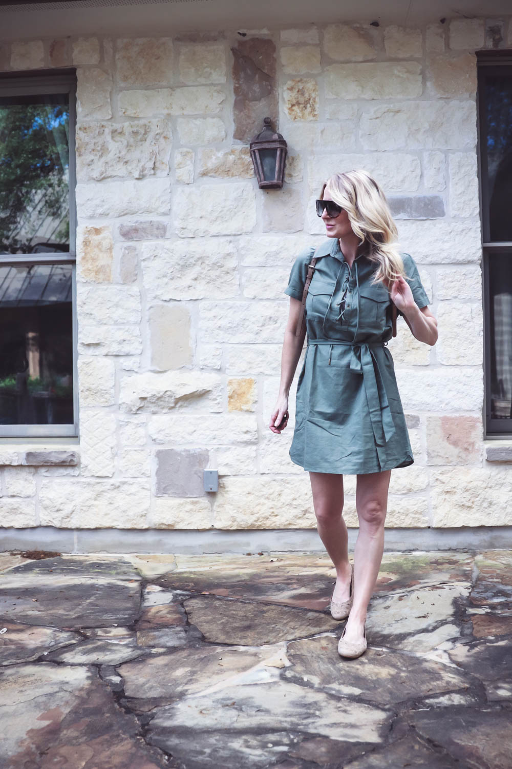 What I Wore video // Erin Busbee, fashion blogger and youtuber from San Antonio, Texas, wearing L'Agence laceup army green dress with Earthies lindi ballet flats in biscuit with her golden retriever 
