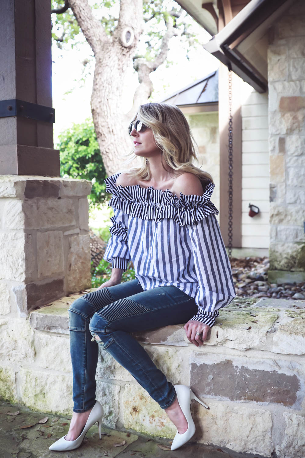 What I Wore video series by Erin Busbee, fashion blogger and youtuber for busy women over 40, featuring an off-shoulder, ruffle, striped top from Shein, a pair of moto skinny jeans by Lovers + Friends, and a pair of white pumps by Charles David shoes
