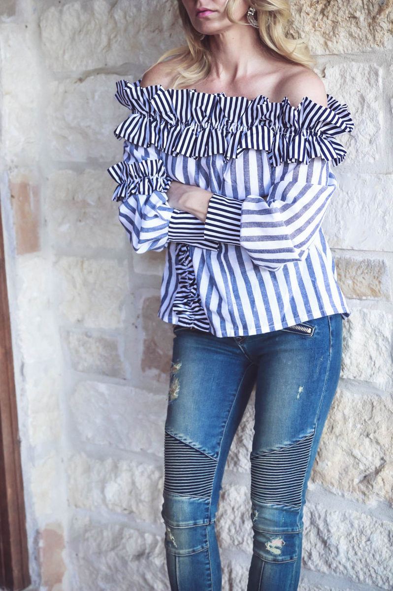 What I Wore video series by Erin Busbee, fashion blogger and youtuber for busy women over 40, featuring an off-shoulder, ruffle, striped top from Shein, a pair of moto skinny jeans by Lovers + Friends, and a pair of white pumps by Charles David shoes