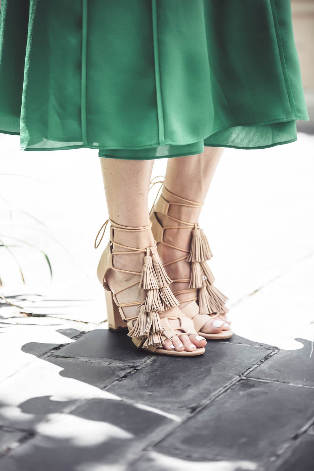 Best nude sandals for summer featuring these gorgoeus 'luz' tassel sandals by Loeffler Randall from Nordstrom and a silky green midi dress from Banana Republic