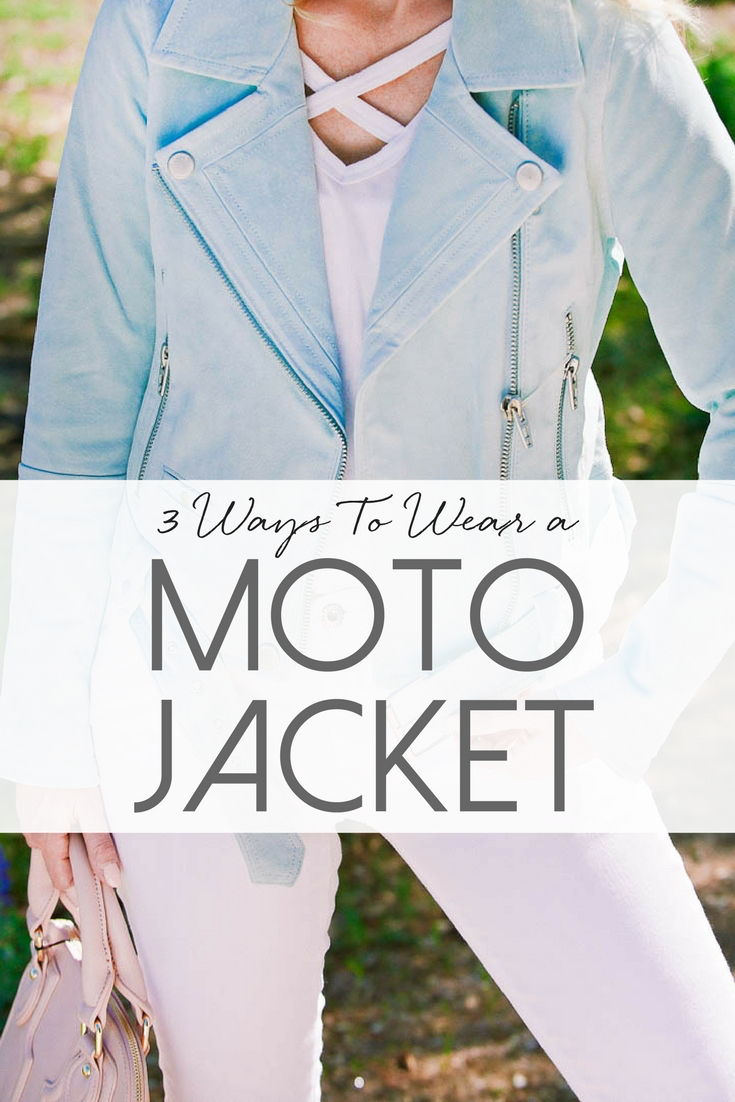 3 ways to wear a moto jacket, featuring this gorgeous mint green suede jacket by Blank nyc from nordstrom on Erin Busbee, Fashion blogger and youtuber in Fredericksburg, texas at Wildseed farms