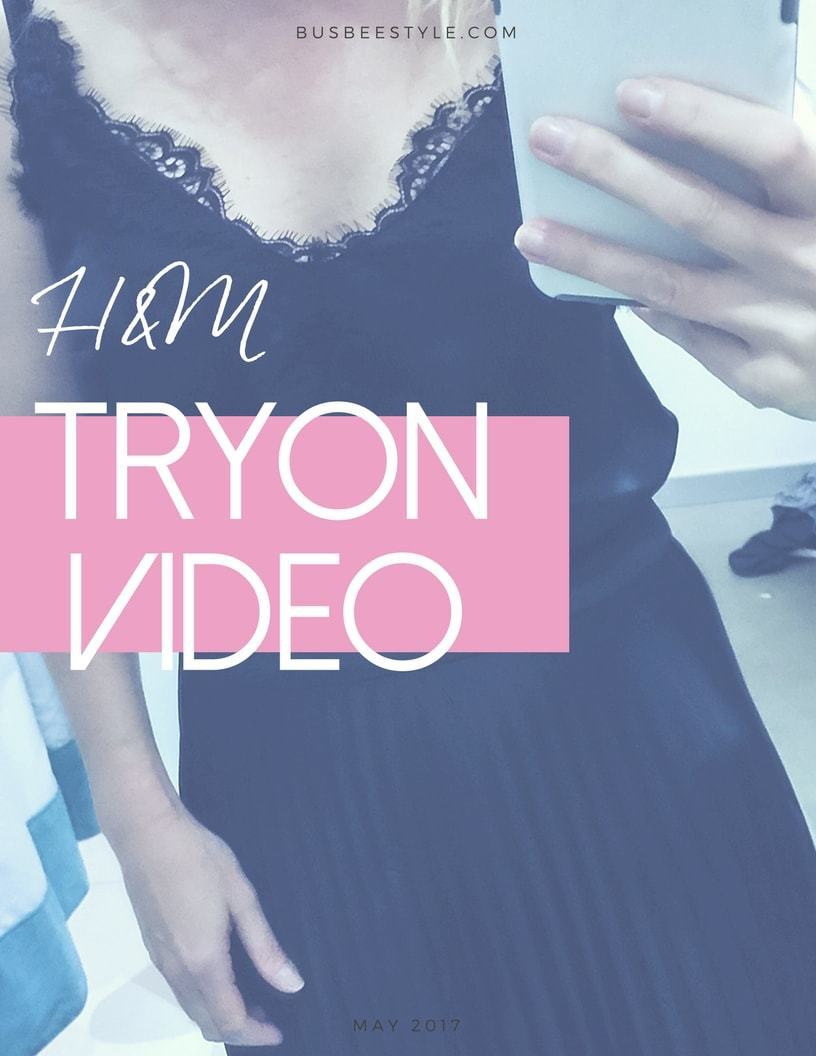 H & M try on, dressing room video. Come with me to H&M into the dressing room as I try on a few key stylish and fun pieces, including an off shoulder dress, printed dress, black lace cami, black pleated skirt, and cropped, vintage jeans