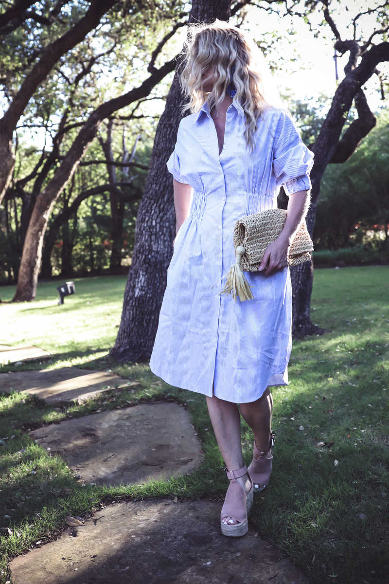 Blue and white striped shirt dress, Ann Taylor straw basket bag with tassel, and Marc Fisher nude wedges on erin busbee, of busbeestyle.com