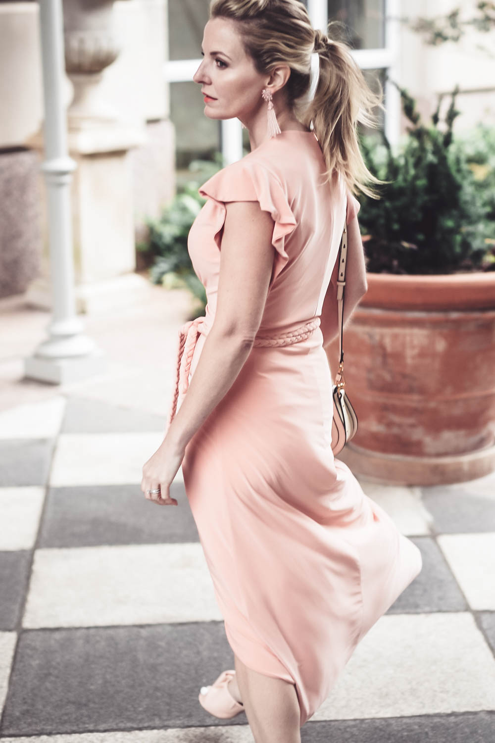 Nude Sandals and blush dresses like this gorgeous Misa wrap dress from Revolve, and other fashion trends 