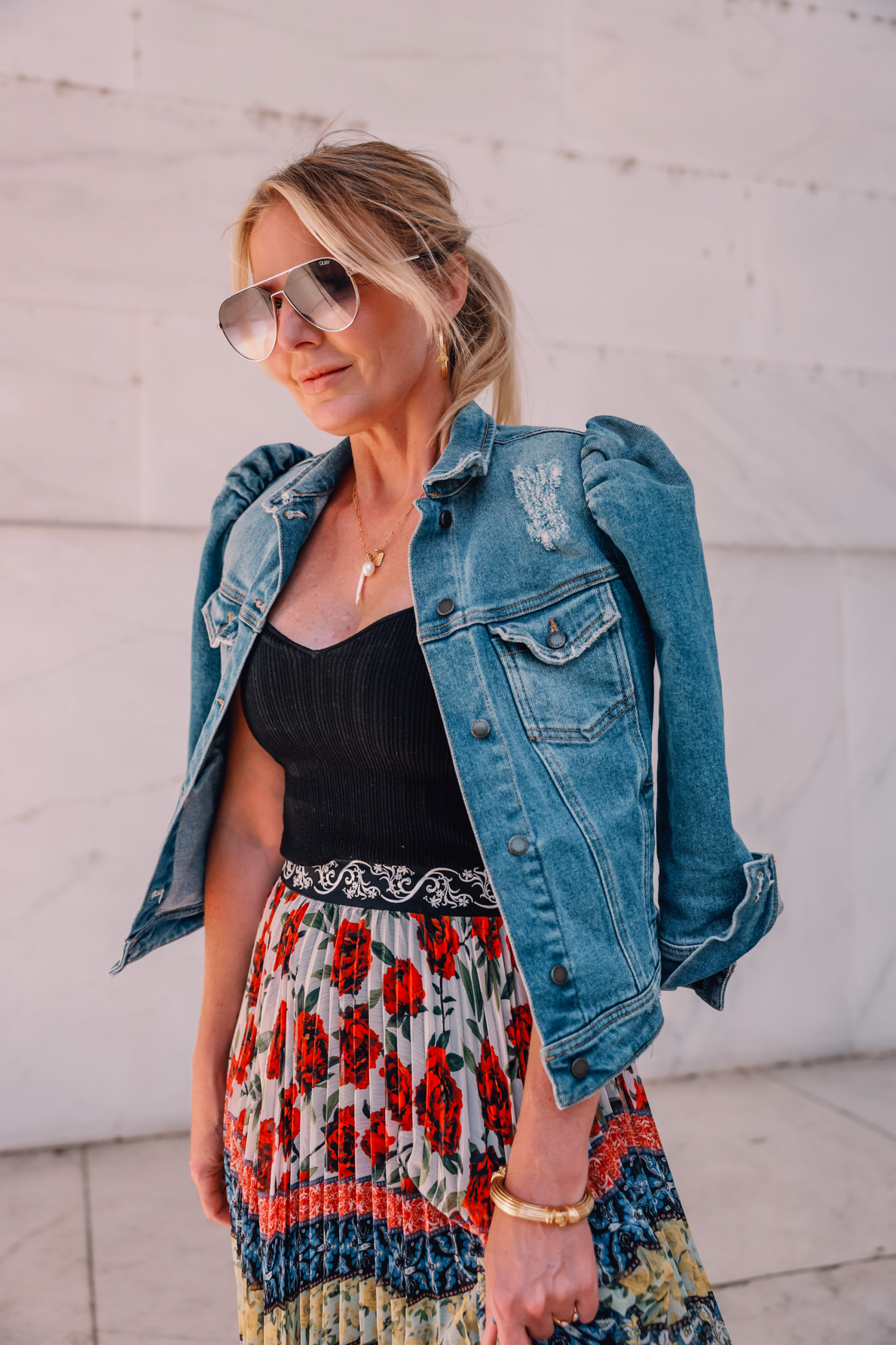 Slim Fit Denim Jacket With A Maxi Skirt