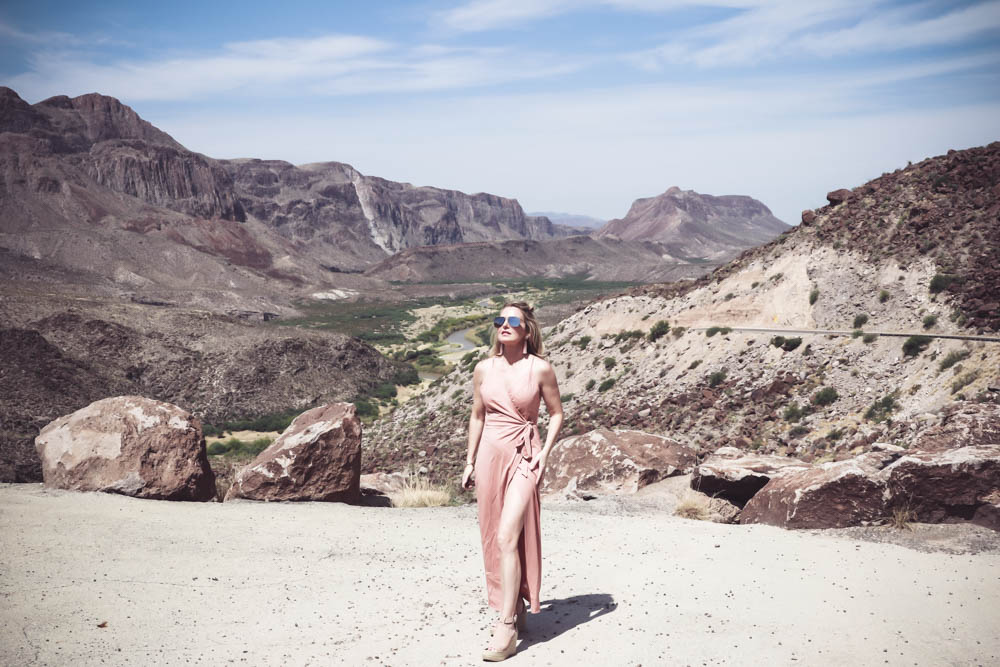 Wrap Dress in blush nude color on fashion blogger and fashion youtuber erin busbee of busbestyle, san antonio, texas, shot near Big Bend National Park in West Texas along the Rio Grande 