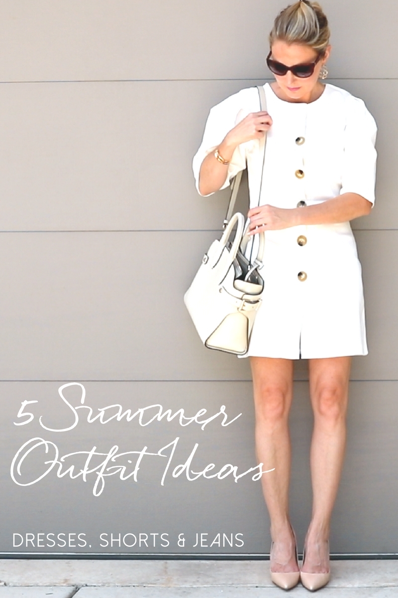 Summer outfit ideas, 5 looks featured in this video and post by fashion blogger and youtuber erin busbee from busbee style, fashion over 40, look for women's dresses, jeans, shorts, tops, accessories and bags.