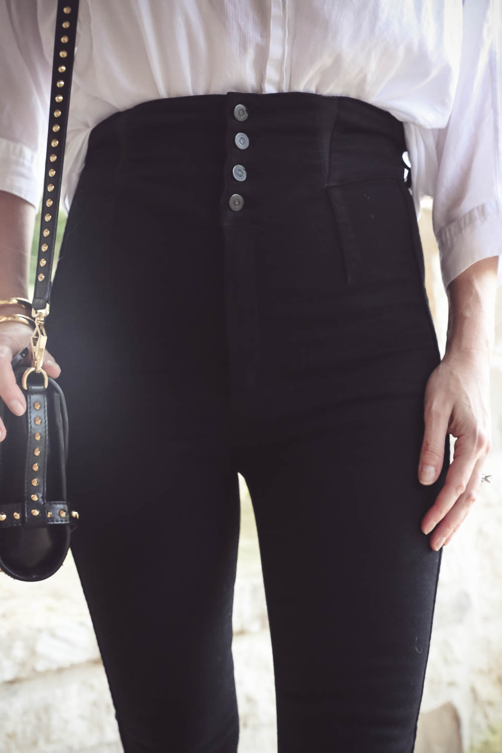 Corset jeans by Citizens of Humanity in black, high waist, high rise skinny jeans, vince camuto peep toe black mules, loft softened white cotton shirt, giles and brother gold cuff on Erin Busbee, fashion blogger and youtuber, fashion over 40