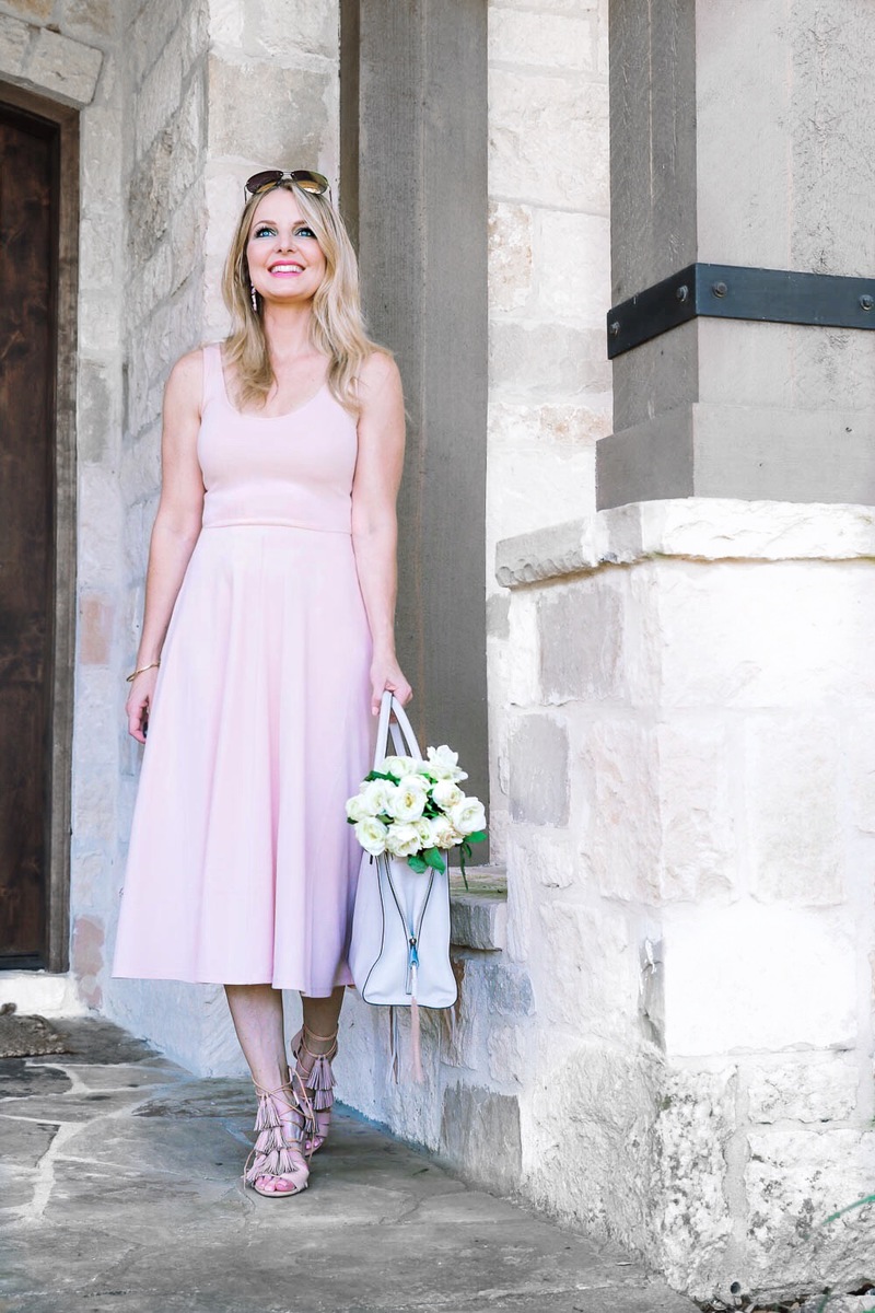 Beauty tutorial, and a leith dress in pink, full, midi skirt, with regan satchel by rebecca mink off, and loeffler randall tassel sandals in nude