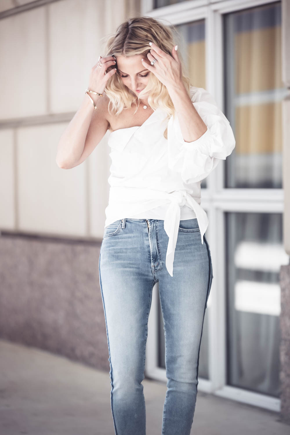 My favorite, most slimming jeans, by mother denim, in kitty racing stripe, with white top, Reward Style Blogger Conference // What I Wore // In this post, I feature 5 outfits that I wore to RStheCON including jeans, dresses, gowns, etc.!