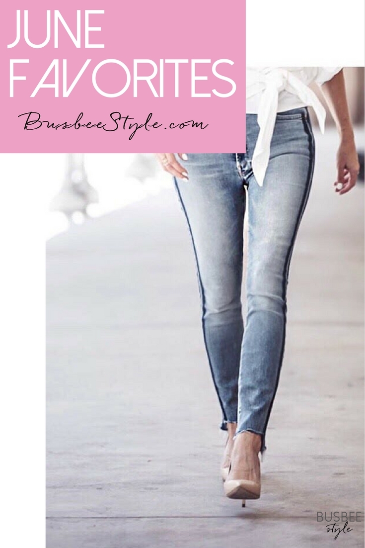 June favorites video by Erin Busbee, fashion blogger from busbeestyle.com, featuring mother jeans with kitty racing stripe