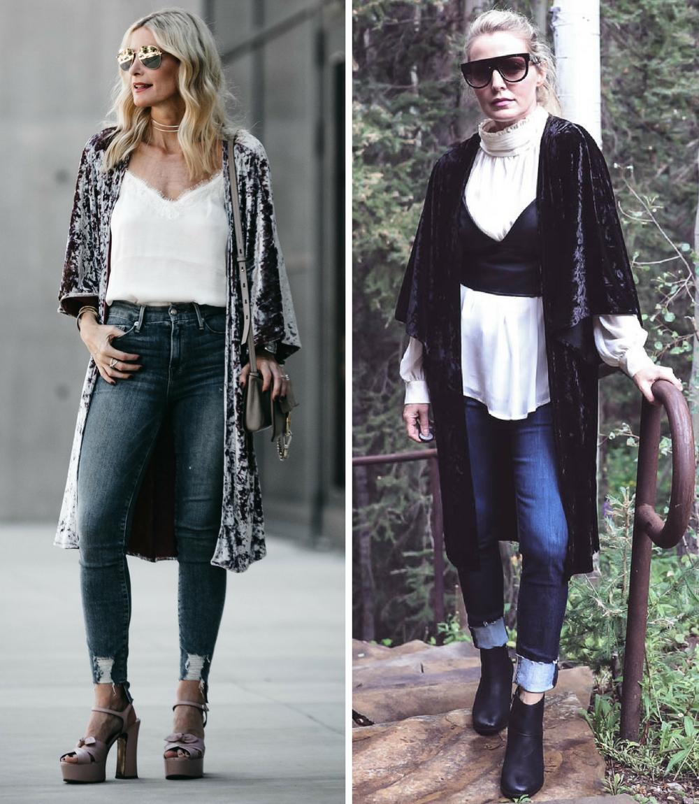 Robe Coat, Heather Anderson of So Heather and Erin Busbee of Busbee Style show you 2 ways to wear a kimono velvet robe coat from the Nordstrom sale 