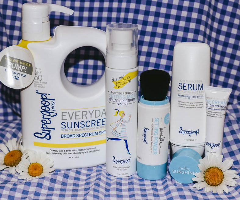 Supergoop sunscreen including an anti-aging serum, powder, mist, pump, lip protection