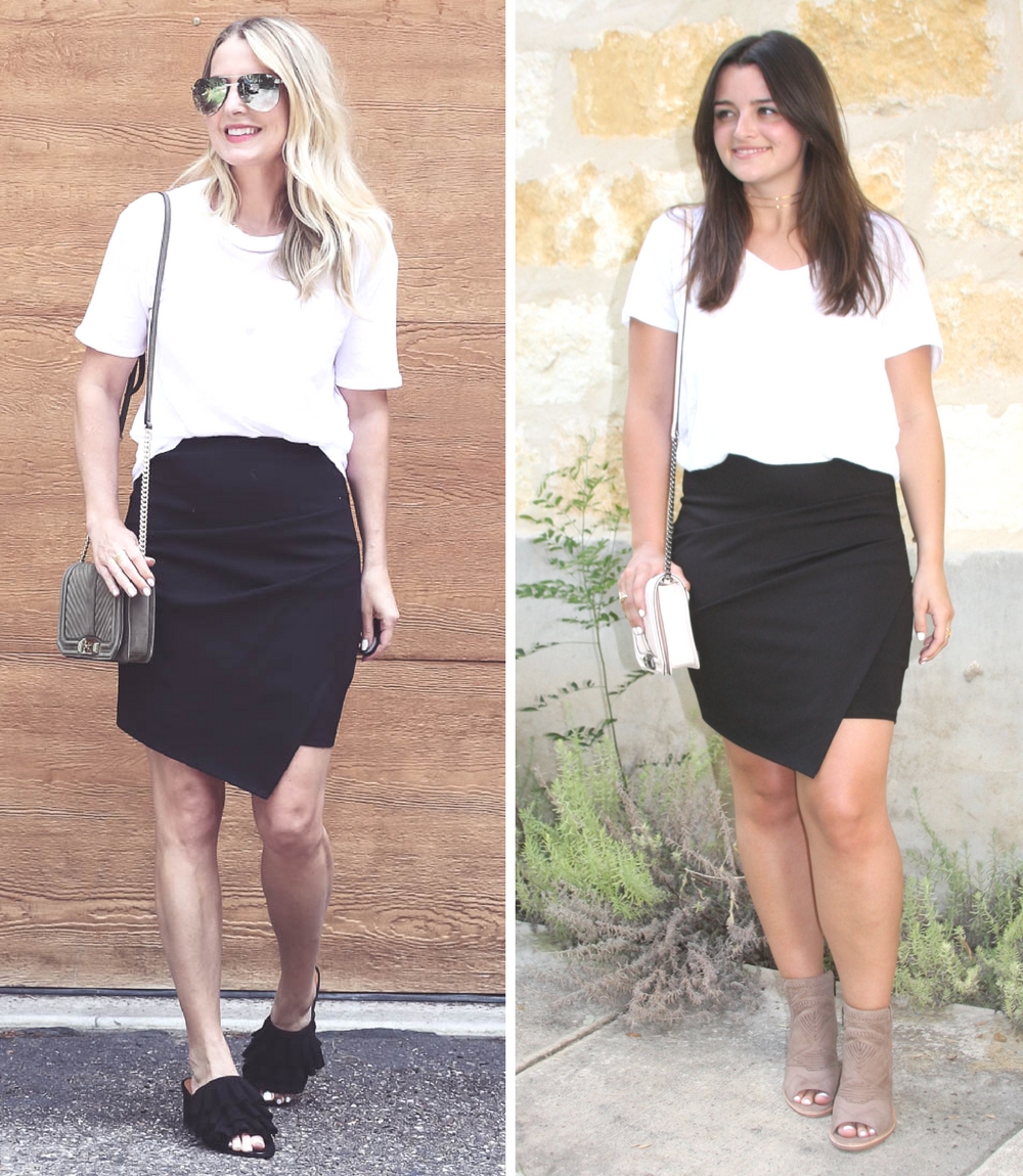 Wear it 2 Ways, styling the same black sporty skirt from Nordstrom sale, two ways, featuring a woman in her 40's and a millennial in her 20's 