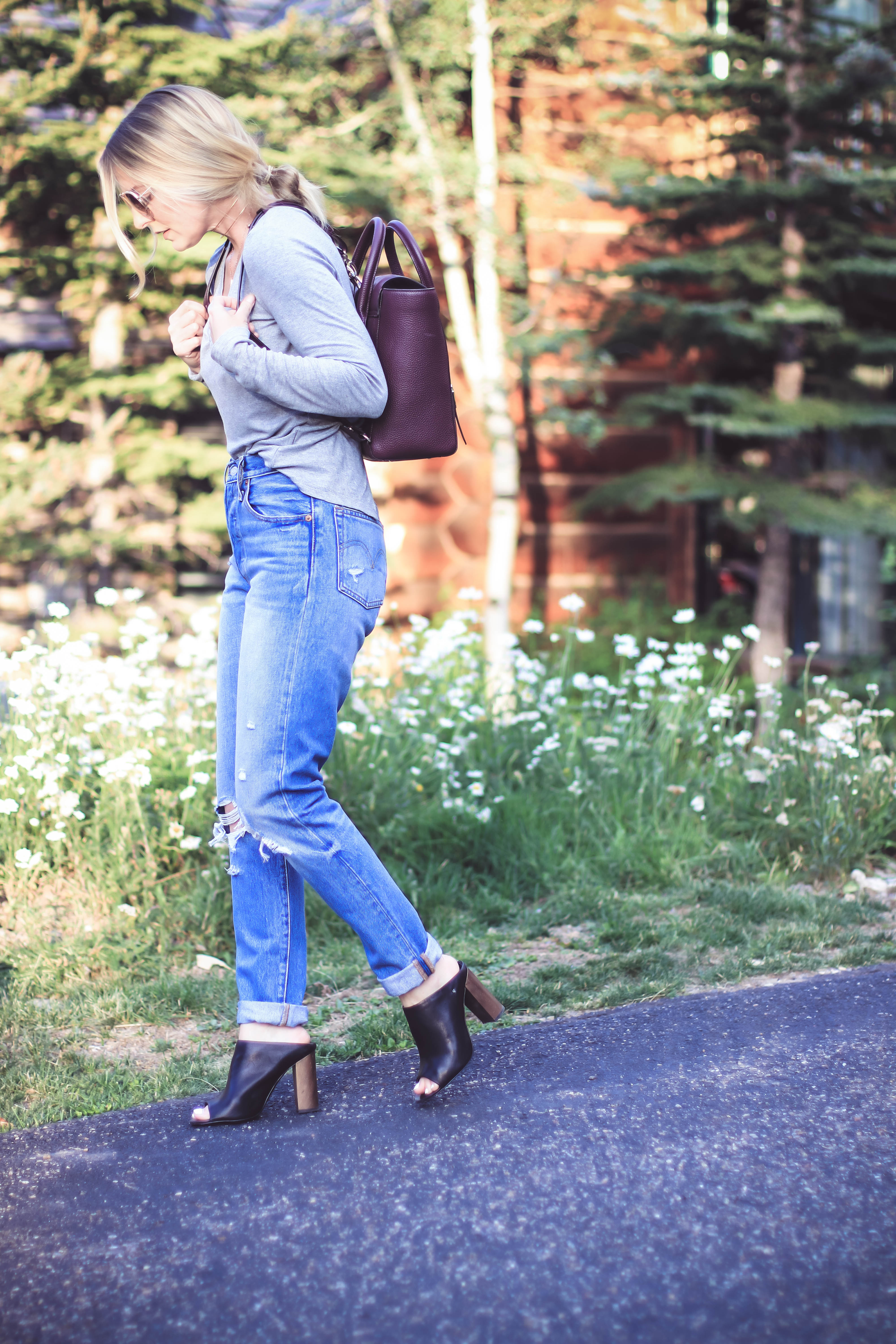 Chic Backpacks for grown ups, this one by Henri Bendel, with Levi's jeans, fashion blogger, Erin Busbee of Busbee Style in Telluride, Colorado