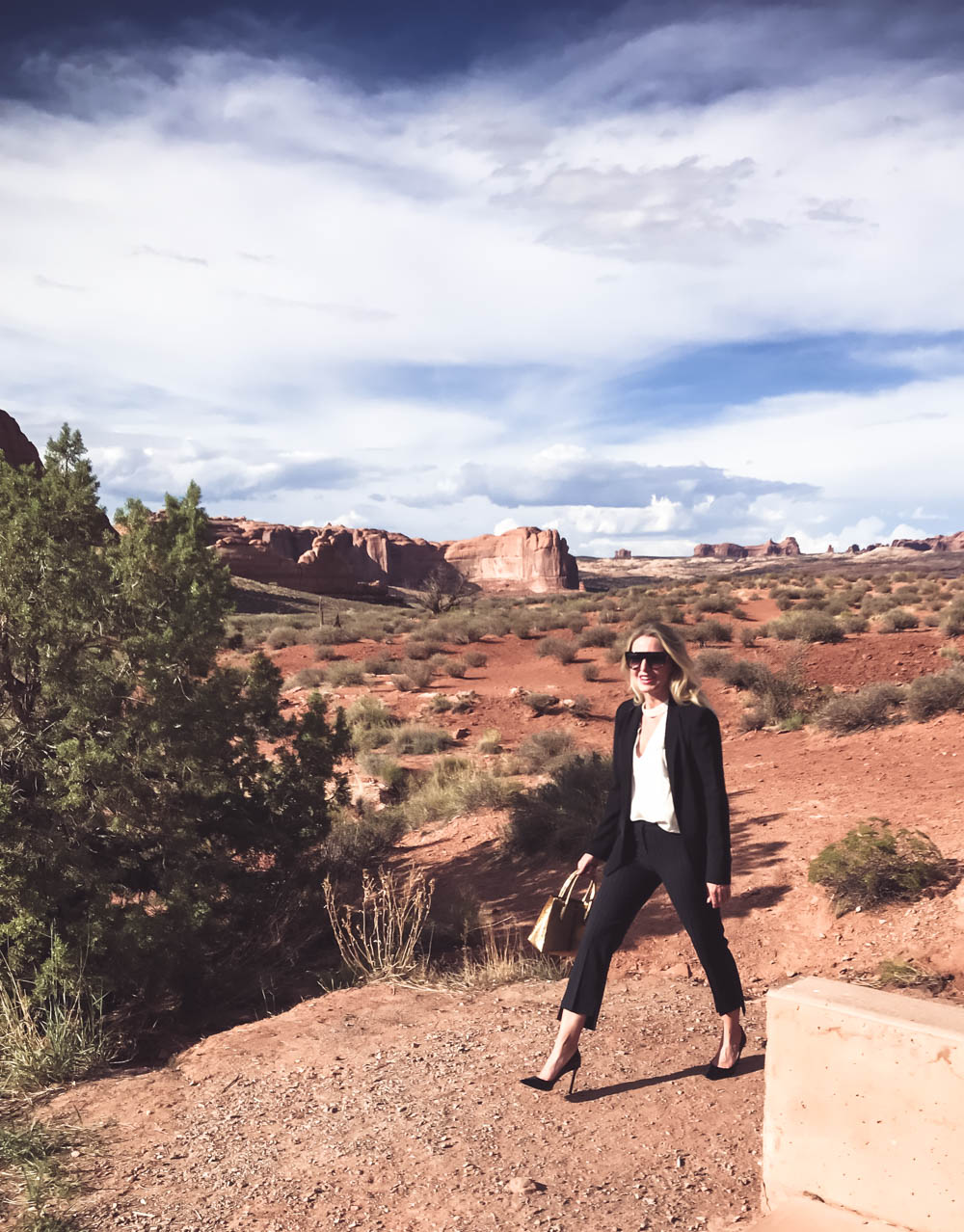 Business Casual Outfit ideas, cropped pants to work, pinstripe cropped pants with black blazer and white choker blouse with black jimmy choo pumps in Moab, Utah on fashion blogger, Erin Busbee, Busbee Style