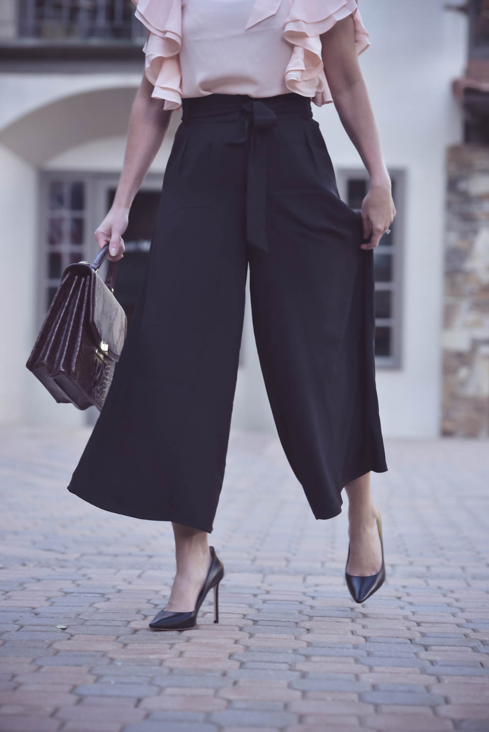 Business casual outfit idea, culottes, fashion over 40