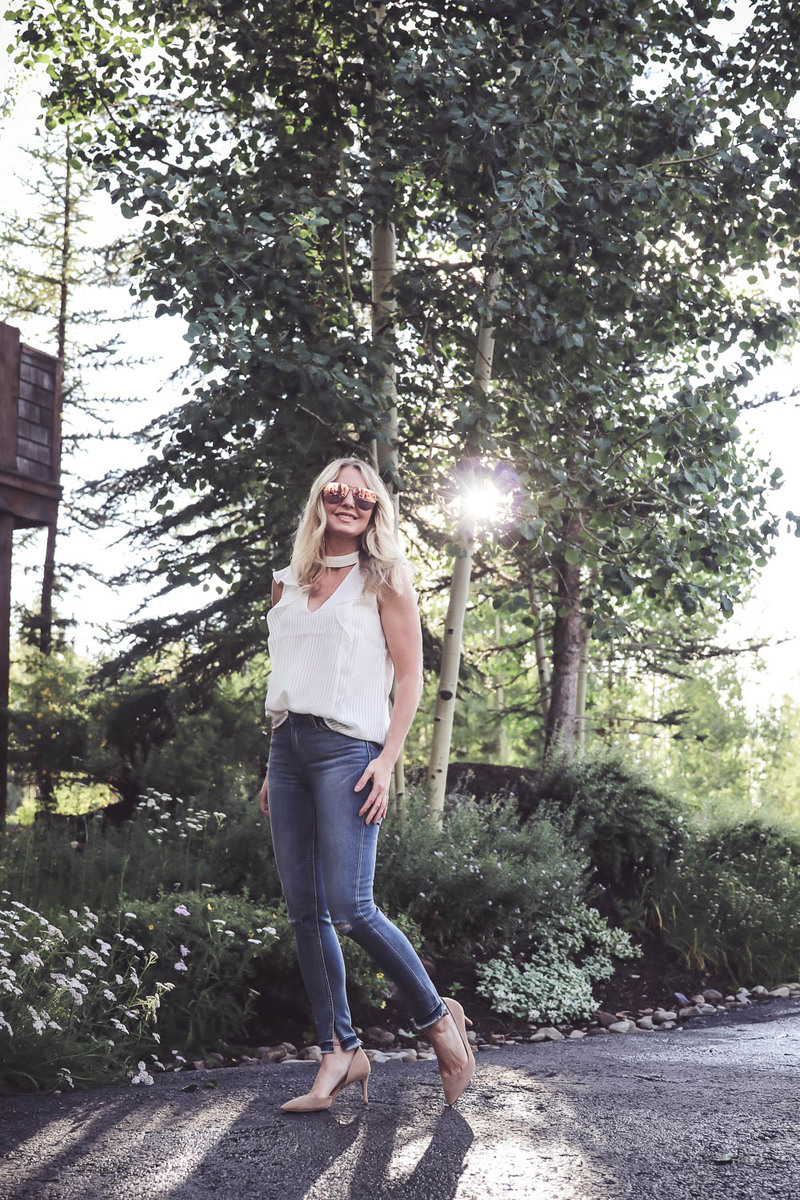 Denim Trends, Treasure and Bond undone hem skinny jeans, high rise, affordable jeans, paired with choker collar blouse, paired with white sleeveless blouse