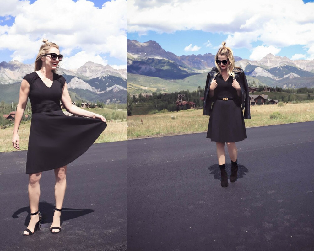 Wear Now, Wear Later, little black dress fit and flare by Eliza J, styling with Dolce Vita studded sandals, on fashion blogger Erin Busbee, over 40, in telluride, colorado