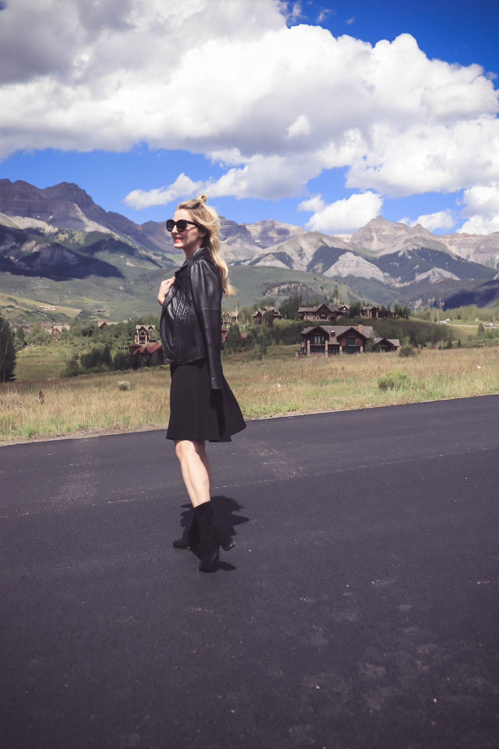 Wear Now, Wear Later, little black dress fit and flare by Eliza J, styled with nordstrom stretchy black suede fitted ankle booties, on fashion blogger Erin Busbee, over 40, in telluride, colorado