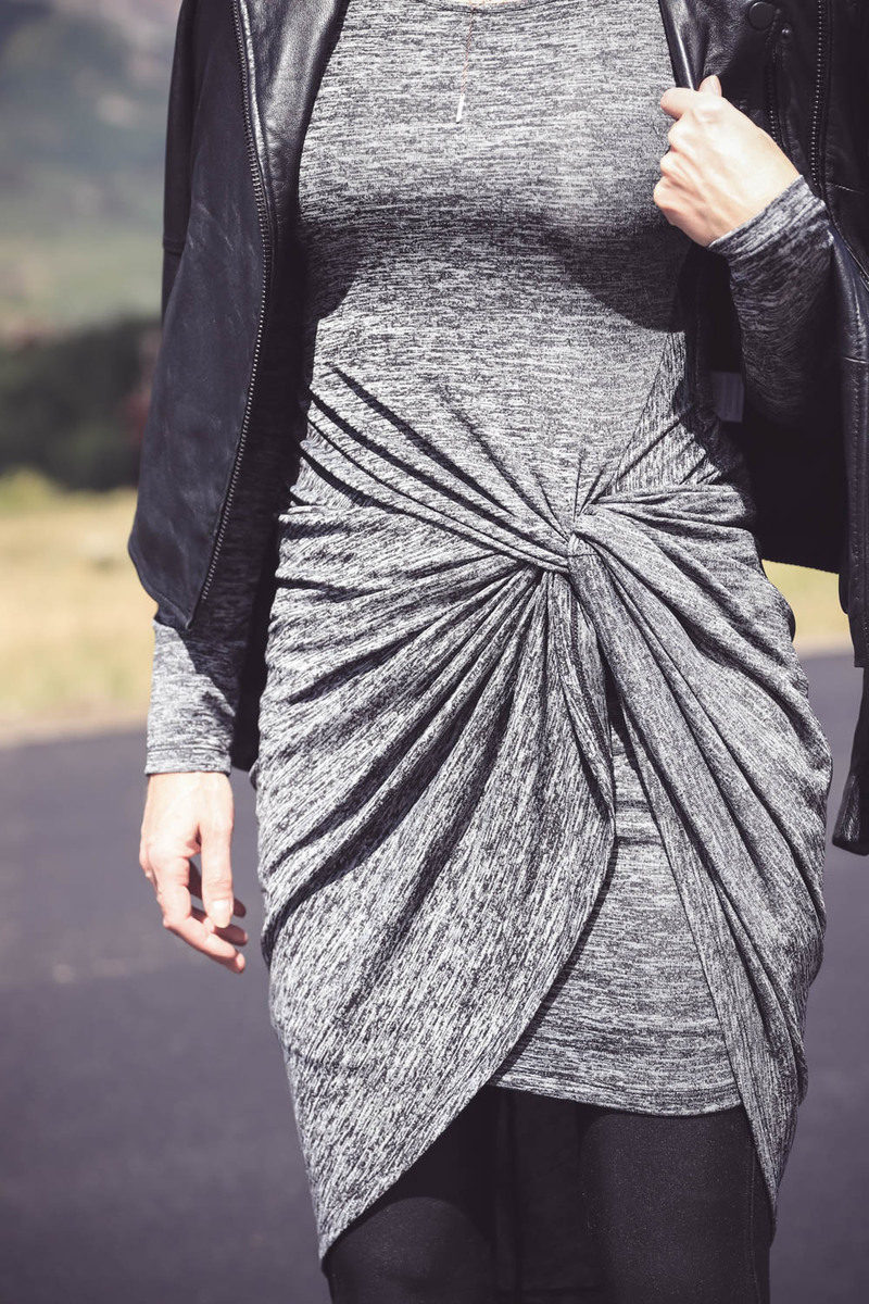 Wear Now, Wear Later, gray knotted Adrianna Papelll grey knotted dress 