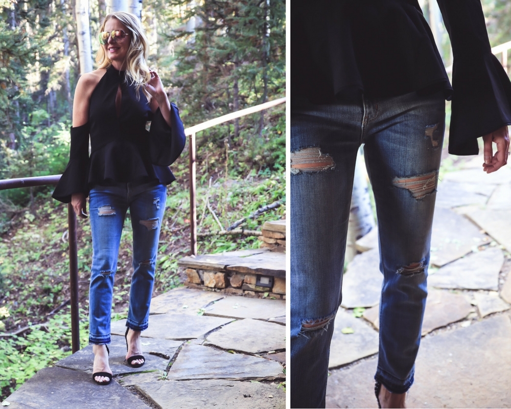 Boyfriend jeans by Current & Elliott, paired with a C/MEO Collective black halter top, and dolce vita studded ankle strap sandals from nordstrom on fashion blogger from colorado, Erin Busbee of busbeestyle