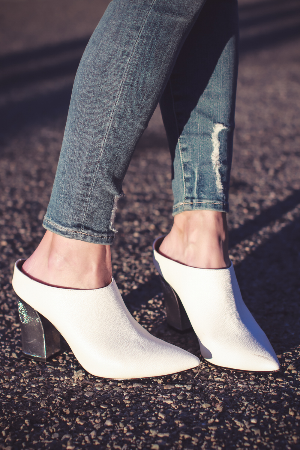 White Shoes, white mules, fashion blogger, Erin Busbee of Busbee Style wearing Who What Wear for Target white mules with Anthropologie sweater and Good American cropped skinny jeans