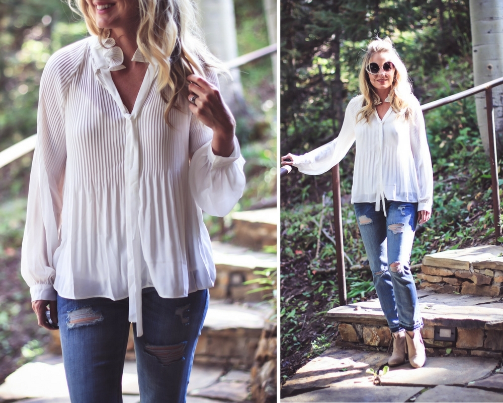 Boyfriend jeans by Current & Elliott, paired with a white victorian sheer pleated blouse from anthropologie and rag & bone margot booties in beige suede with chloe sunglasses, on fashion blogger from colorado, Erin Busbee of busbeestyle