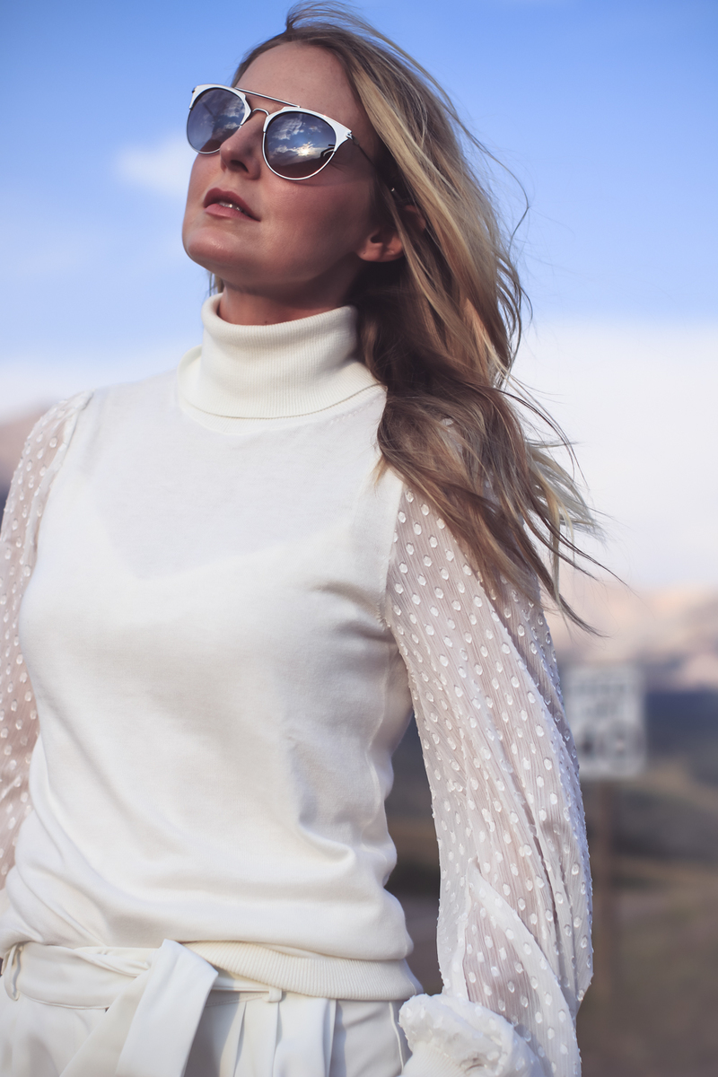 white boots, how to wear white boots, fashion blogger, erin busbee of busbee style from telluride, colorado shows us three outfit ideas, wearing vince camuto white turtleneck, parker white pants, white boots by Dolce Vita and a chloe nile bag