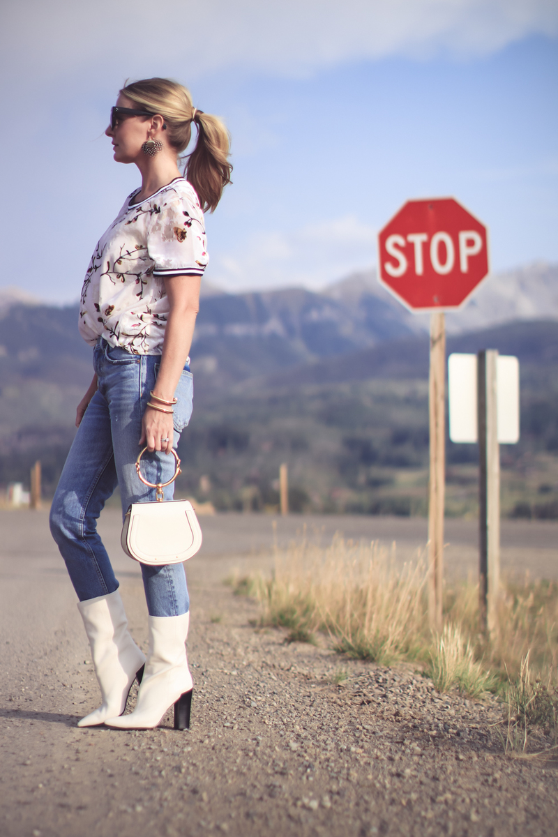 white boots, how to wear white boots, fashion blogger, erin busbee of busbee style from telluride, colorado shows us three outfit ideas, wearing a new day burnt velvet top and grlfriend jeans in petite, and chloe nile bag