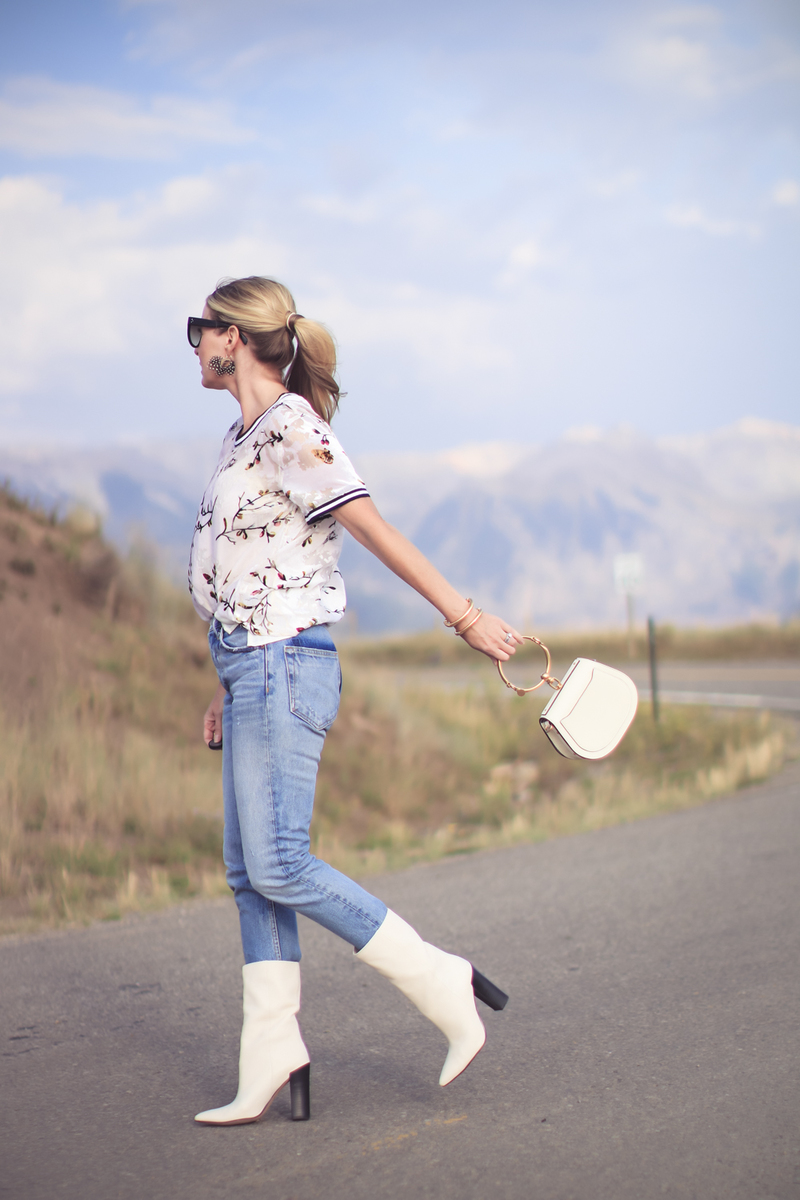 white boots, how to wear white boots, fashion blogger, erin busbee of busbee style from telluride, colorado shows us three outfit ideas, wearing a new day burnt velvet top and grlfriend jeans in petite, and chloe nile bag