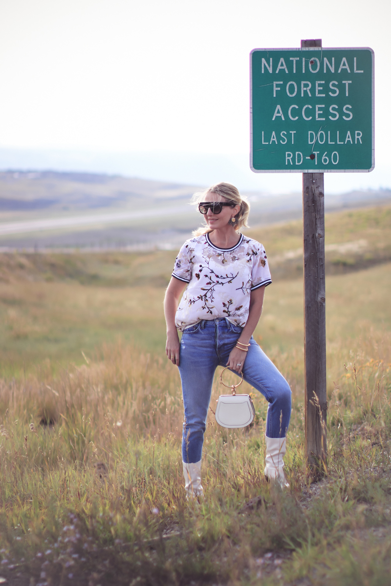 white boots, how to wear white boots, fashion blogger, erin busbee of busbee style from telluride, colorado shows us three outfit ideas, wearing a new day burnt velvet top and grlfriend jeans in petite, and chloe nile bag