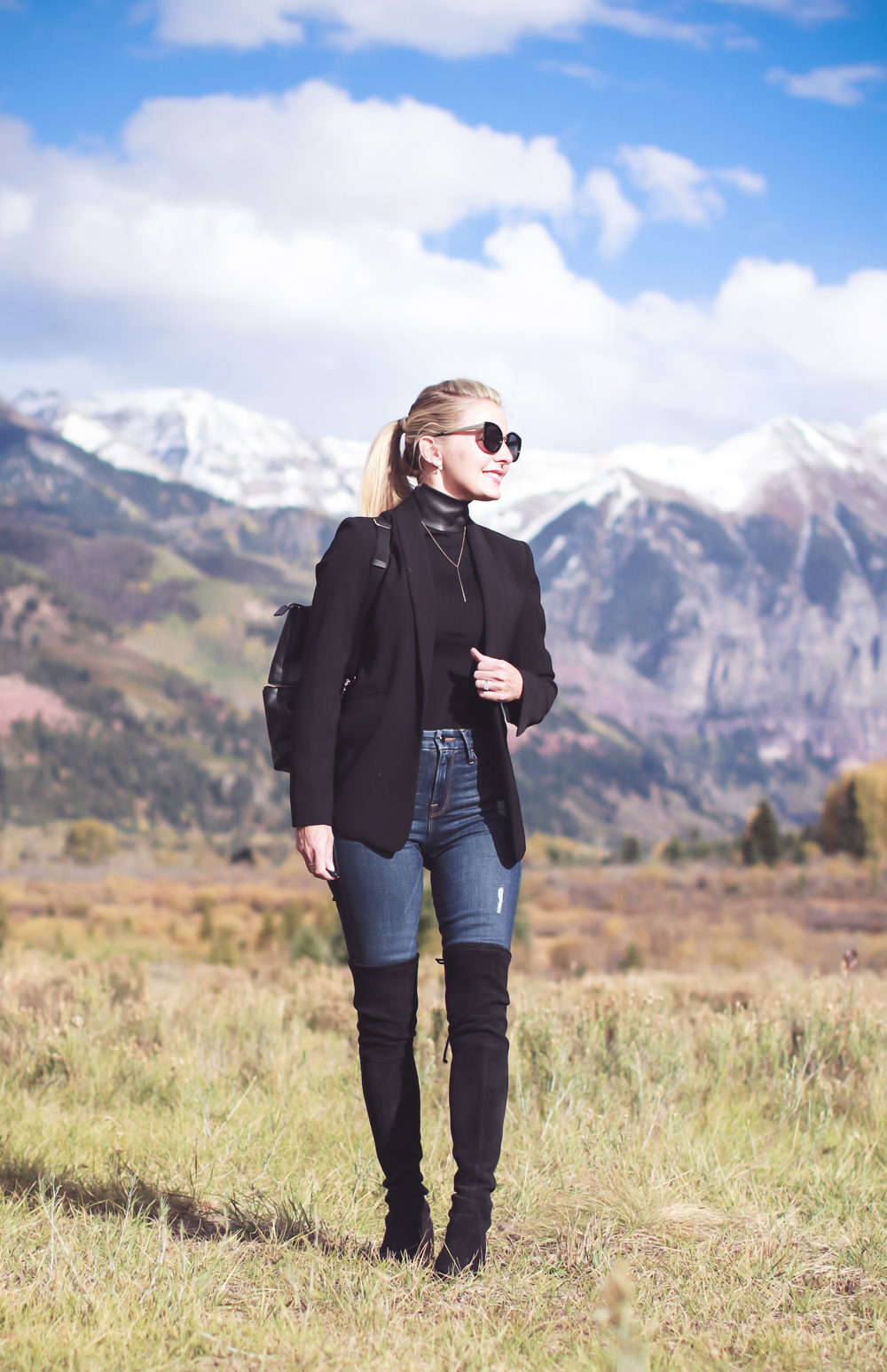 Tall Boots, over the knee boots, how to wear otk boots if you are tall or petite, featuring fashion blogger, Erin Busbee of Busbee Style in Telluride, Colorado, wearing Stuart Weitzman lowland boots 