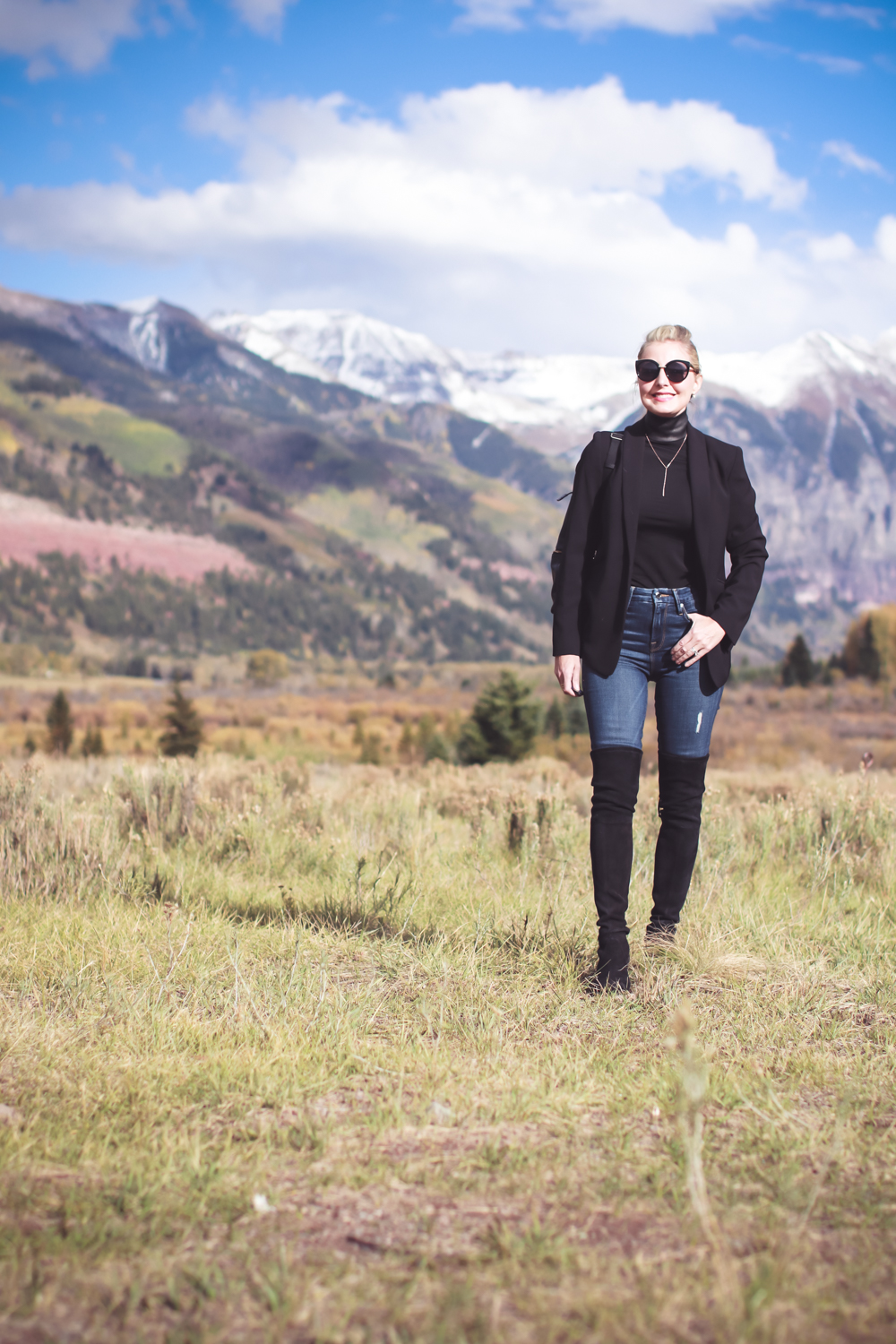 Tall Boots, over the knee boots, how to wear otk boots if you are tall or petite, featuring fashion blogger, Erin Busbee of Busbee Style in Telluride, Colorado, wearing Stuart Weitzman lowland boots 