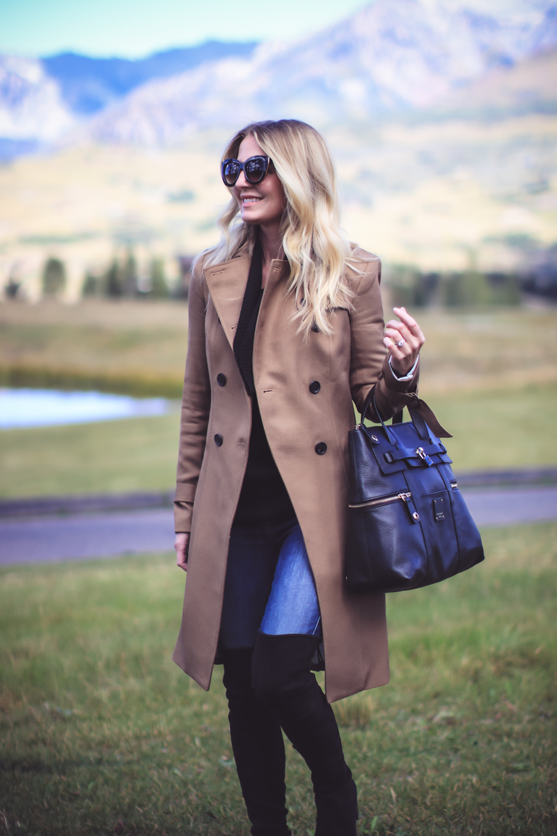 Trench Coat Styled 5 Ways | Fashion Over 40 | Busbee Style, cashmere sweater, denim jeans, and tall boots
