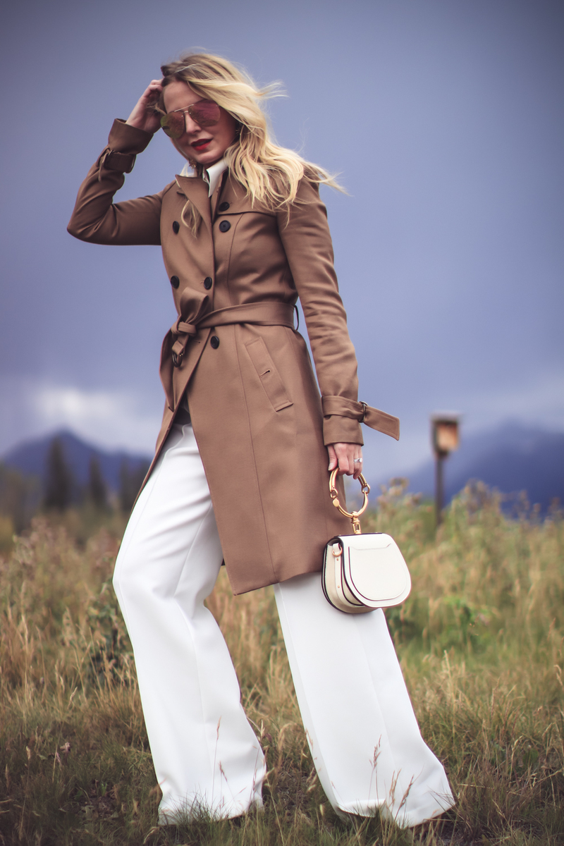 Trench Coat Styled 5 Ways | Fashion Over 40 | Busbee Style, all white, wide leg trousers, collared shirt