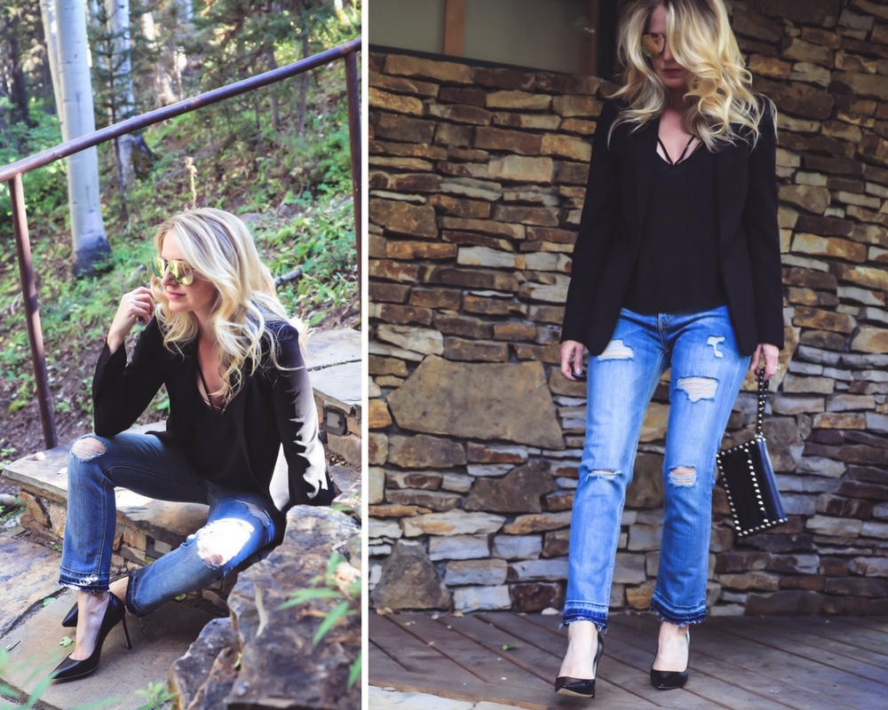 boyfriend jeans by Current & Elliott with cami, blazer and jimmy choo pumps on fashion blogger from colorado, Erin Busbee of busbeestyle