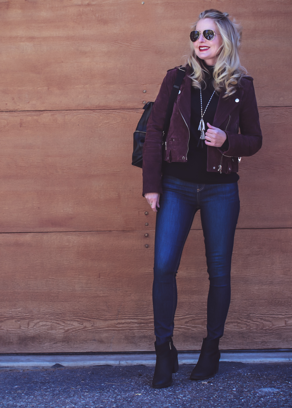 Casual outfit ideas, fall lookbook, with fashion blogger, Erin Busbee featuring BlankNYC suede moto jacket, black turtleneck with rag & bone jeans and blondo booties