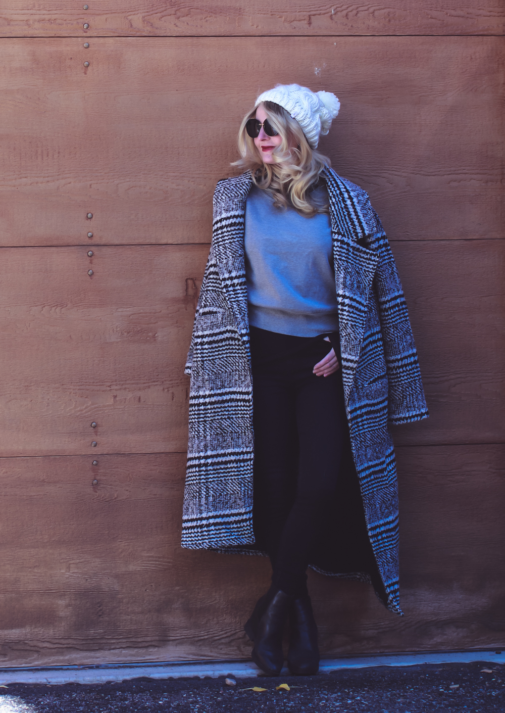 Casual outfit ideas, fall lookbook, with fashion blogger, Erin Busbee featuring lovers + friends plaid duster coat, socialite sweatshirt, black rag & bone justine jeans, and black ASH booties from Shopbop