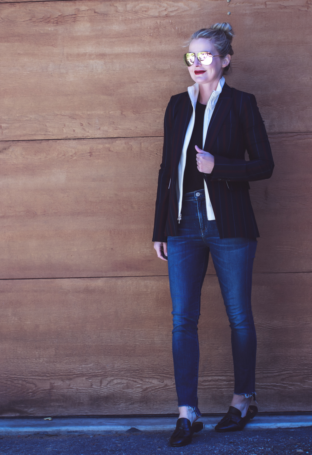 Casual outfit ideas, fall lookbook, with fashion blogger, Erin Busbee featuring veronica beard dickey blazer, citizens of humanity step hem jeans