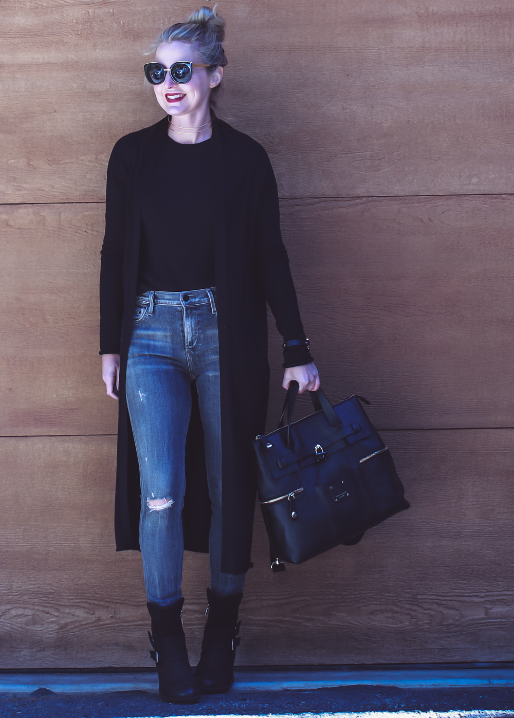 Casual outfit ideas, fall lookbook, with fashion blogger, Erin Busbee featuring black cardigan, black long sleeve tee, high rise rocket skinny jeans by Citizens of Humanity jeans and Henri Bendel Jetsetter backpack