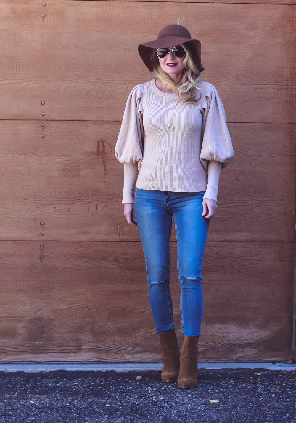 Casual outfit ideas, fall lookbook, with fashion blogger, Erin Busbee featuring vince camuto bubble sleeve sweater and good american cropped jeans and floppy brown hat with marc fisher suede brown booties