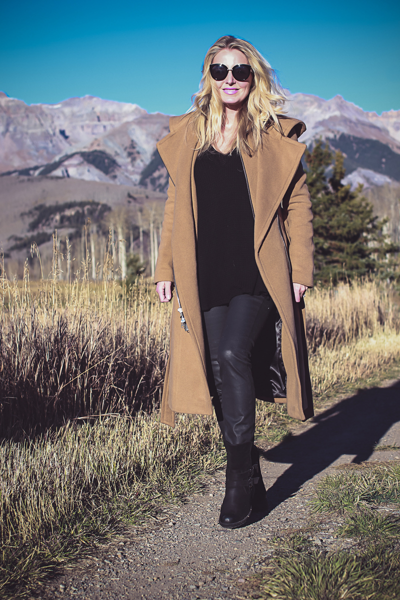 Faux Leather Pants by Eileen Fisher with Mackage camel coat, and moto waterproof boots from Bloomingdales Styled 3 Ways by Fashion Blogger Erin Busbee