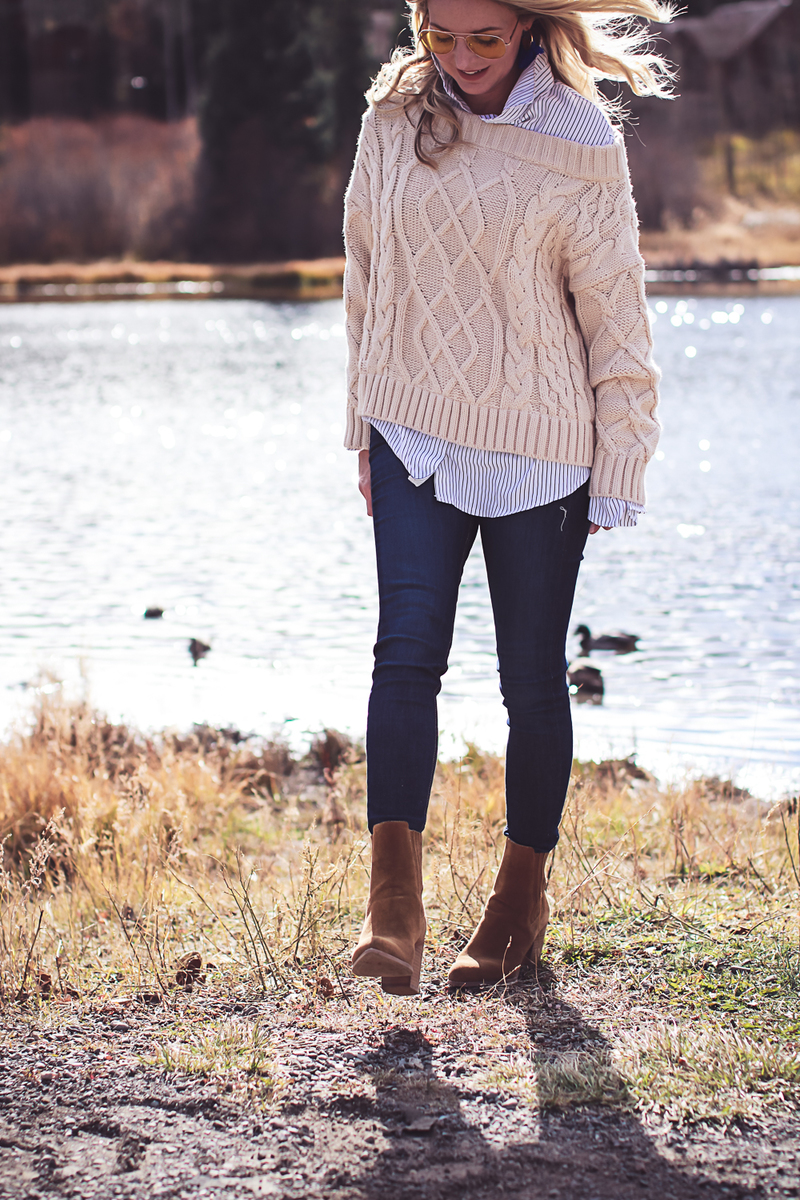 Perfect fall outfit featuring chicwish 2-in-1 layered cable knit sweater, rag & bone dark wash, high waisted skinny jeans, Marc Fisher suede brown booties and yellow aviator sunglasses on fashion blogger from Telluride, Colorado, Erin Busbee of Busbee Style